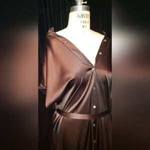 Banana Republic 100% Silk chocolate brown high low shirt maxi button up dress